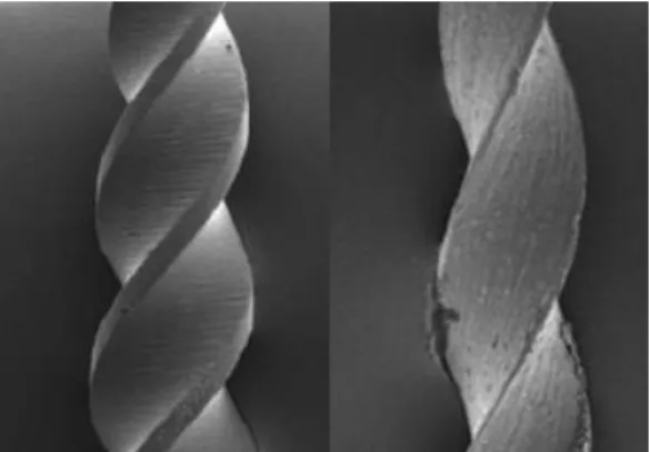 Figure 1.18 - Lateral SEM views of two NiTi instruments flutes. From left to right, Profile  and TF files [19]