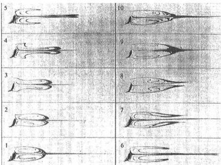 Figure 2.6: Metamorphose of near wake with Re between 20 and 40, Camichel et al. (1927).