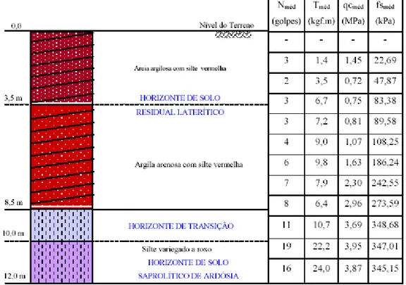 Figura 3.2 - Perfil característico do campo experimental de Geotecnia da UnB (Guimarães,  2002 e Mota, 2003)