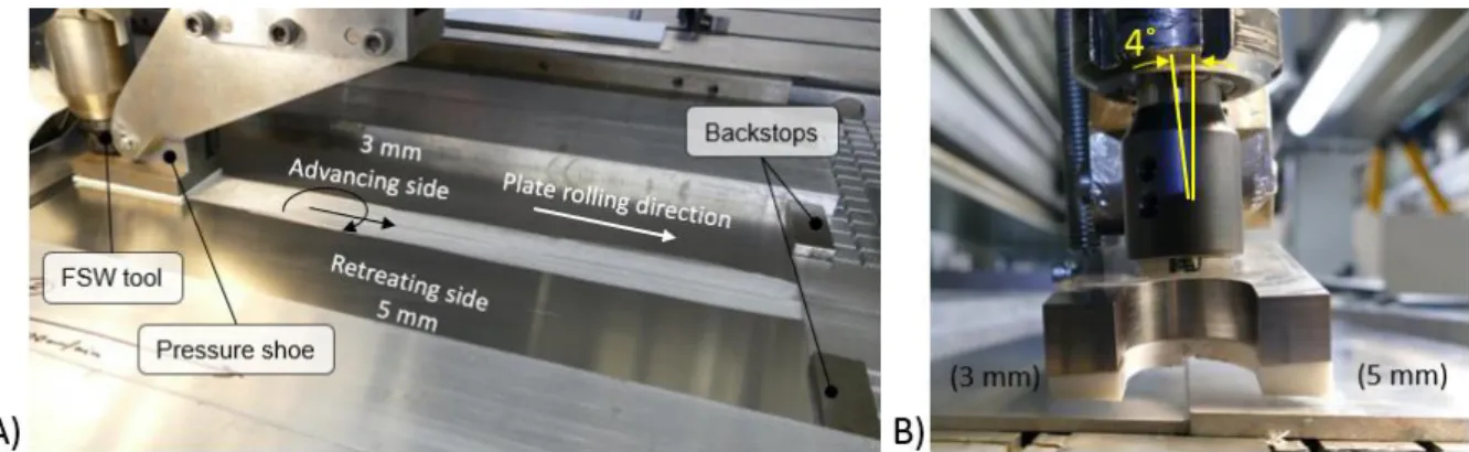 Figure 3.10 - Welding setup for the 3 to 5 mm thickness combination A) general view and B) detail of FSW  tool (Courtesy of TWI, Ltd)