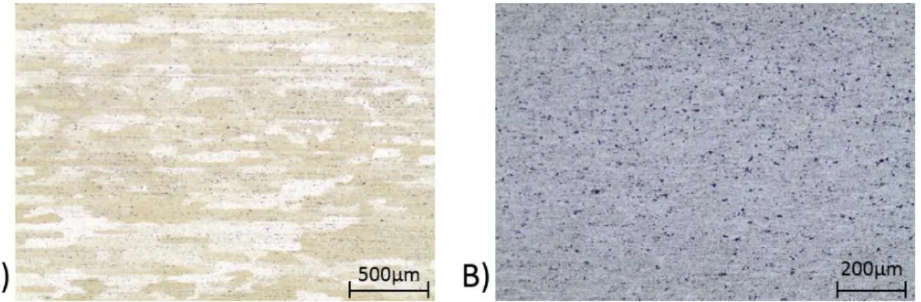 Figure 4.1 - Base material macrograph perpendicular to the rolling direction: A) 5 mm and B) 3 mm