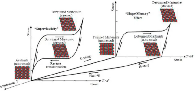 Figure 2 - Stress-strain-temperature plot exhibiting superelasticity and shape memory effect [9].