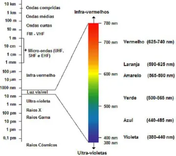 Figura 4.5 - Correspondência entre as cores e os respetivos  comprimentos de onda, na região da luz visível [24] 