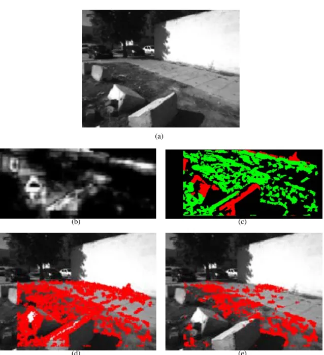 Figure 3.3: Saliency computation and ground-plane estimation results for a range of 10m (a):