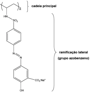 Figura 2-1 - Esquema da estrutura molecular do poli[1-[4-(3-carboxi-4-hidroxifenilazo)-benzenesulfonamida-1, 2- 2-etamodiil]sal de sódio] (PAZO) (Ferreira 2008)