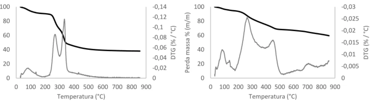 Figura  3.1  -  Análise  Termogravimétrica  do  Carolo  de  Milho  (esquerda)  e  do  LDMW  seco  (direita);  a  preto  –   curva  termogravimétrica, a cinzento - curva DTG 