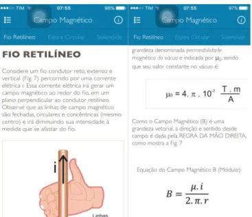 Figura 15-   Captura da tela do aplicativo- a) Regra da mão direita no fio retilíneo; b) Equação do campo mag