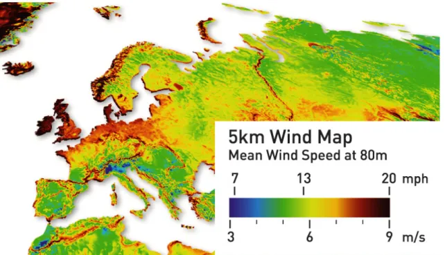 Figura 3.5 – Velocidade do vento em m/s na Europa a 80 m do solo   (Fonte: www.3tier.com) 