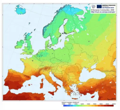 Figura 3.7 – Irradiância na Europa   (Fonte: www.re.jrc.ec.europa.eu) 