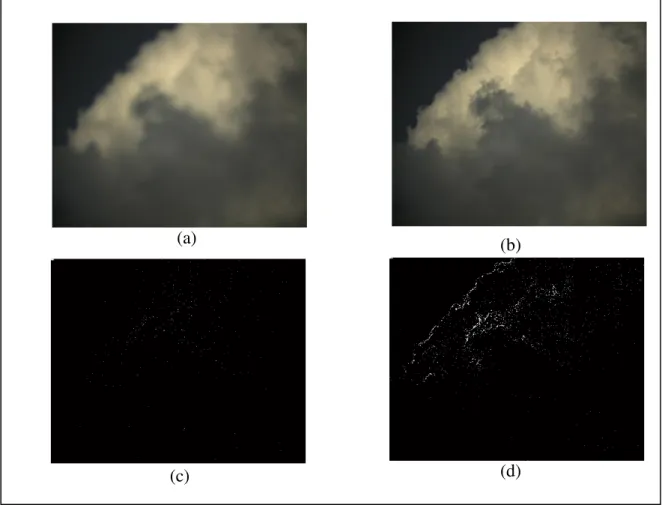 Figura 5.5  –  Conjunto de imagens tratadas com o algoritmo descrito em 5.3.1. (a) imagem original  desfocada; (b) imagem original focada; (c); imagem em formato binário desfocada; (d) imagem em 