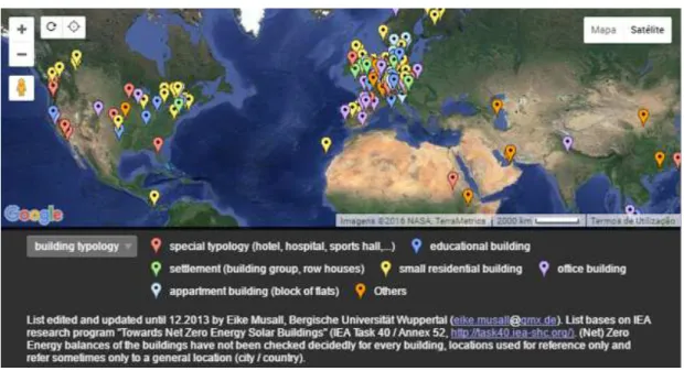 Figure 2.9: Map of ZEB examples across the world [25]