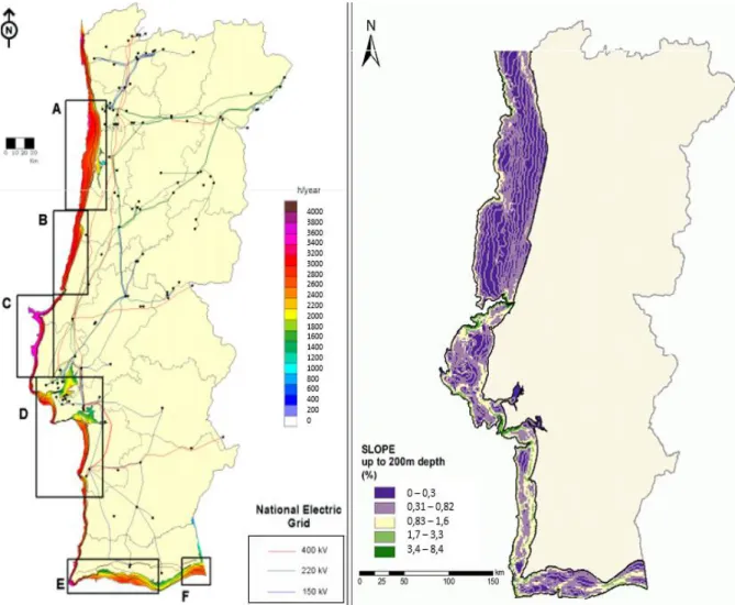 Figura 1.8 Altas do Vento Offshore em Portugal e Mapa de batimetria em Portugal [11].