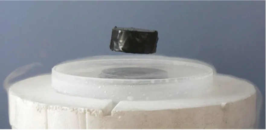 Figure 2.1 – A magnet levitating above a high temperature superconductor (HTS), cooled  with liquid nitrogen