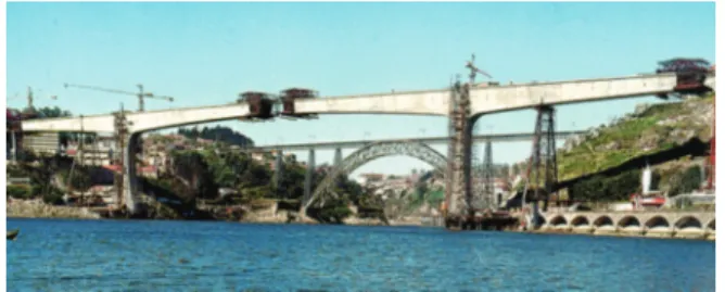 Figura  11.  Construção  da  Ponte  S.  João  (Porto).  Implementação  de  controle  cuidado  de  fluência  e  retracção  do  concreto  (foto de F