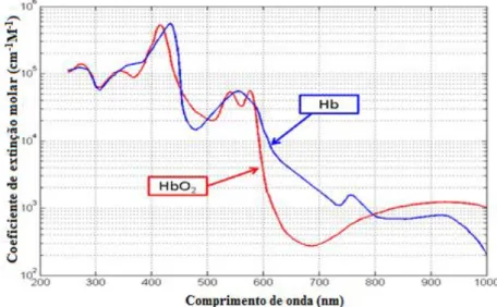 Figura 3.3 Coeficiente de absorção para os dois estados da hemoglobina 