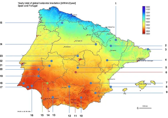 Fig.  1Projetos CSP em desenvolvimento (azul), em construção (vermelho) e em operação (verde) na  península ibérica