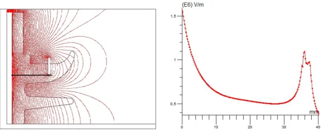 Figura 4.8: Caminho inferior e evolu¸c˜ ao do campo el´ectrico no isolador base