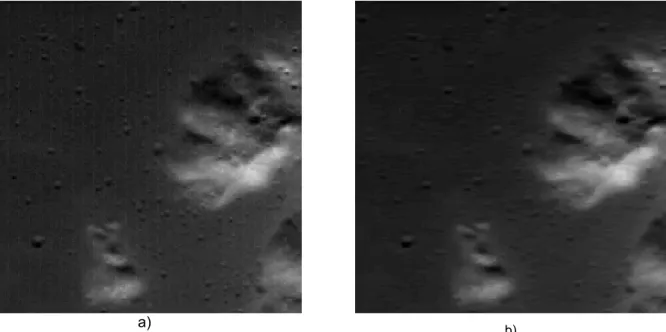 Figure 3.3 - a) Zoomed area from image 9 of orbit 2141 before vertical stripes filtering and b) after filtering 