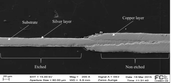 Figure 3.5 – Scanning electron microscopy of a Superpower SCS4050 tape subjected to copper etchant during 20 minutes