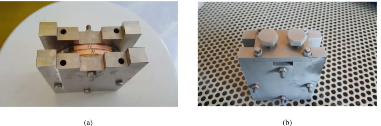 Figure 3.7 – Stainless-steel holder for soldering of superconducting rings. a) Interior detail with two tapes wound