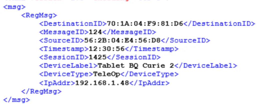 Figure  4.4  shows  an  example  of  a  registration  message;  every  device  that  wants to interact with the system must first register.