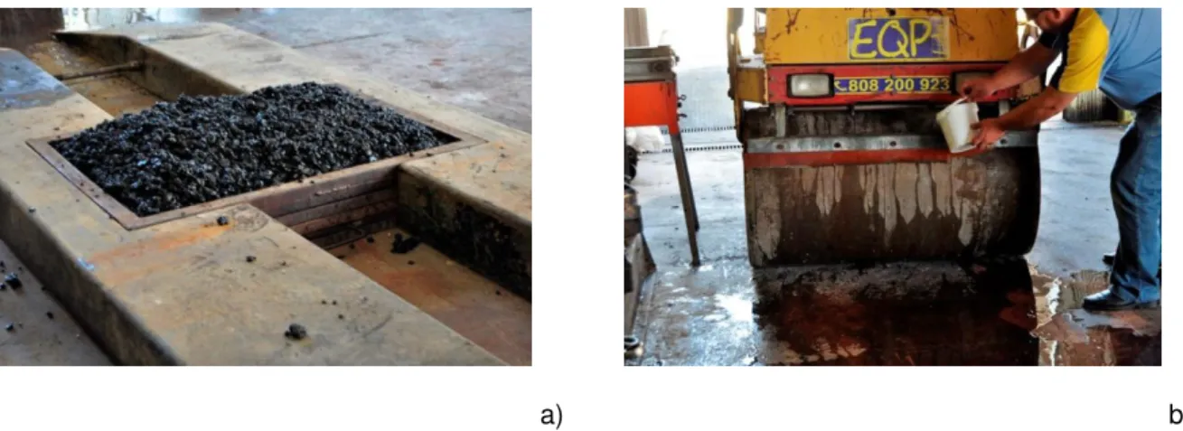 Figura 3.25 – a) Mistura no interior do molde  pronta para processo de compactação; b) Preparação do cilindro  de rolos para o processo de compactação 