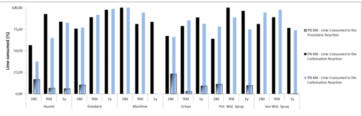 Figure 4: Comparison between the pozzolanic reaction and carbonation reaction in 1/3 (binder/aggregate)  mortar ratio with 9% Mk