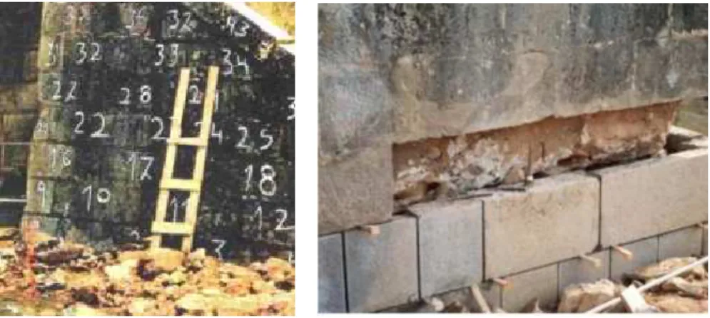 Fig. 2.16 - Exemplo de desmonte e reconstrução de uma parede de alvenaria de pedra [3] 