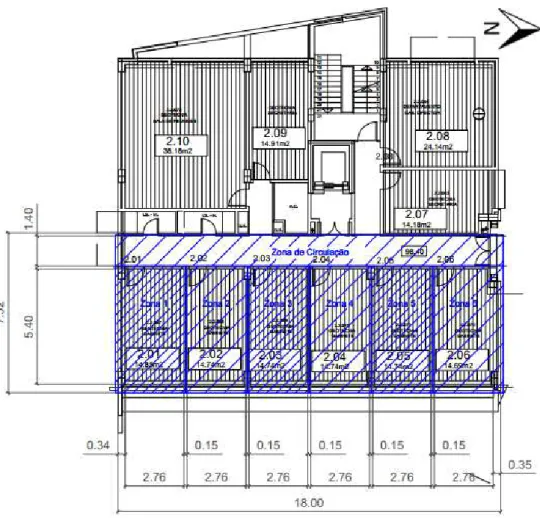 Figura 4.6 - Planta ilustrativa dos pisos do edifício estudado com as zonas em estudo identificadas a  tracejado 