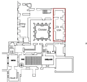 Figure 4 - General view of the convent and its orientation. The blue rectangle shows the main area where is the library (1 st  floor) and  where the U3A (ground floor) will be implemented [28]