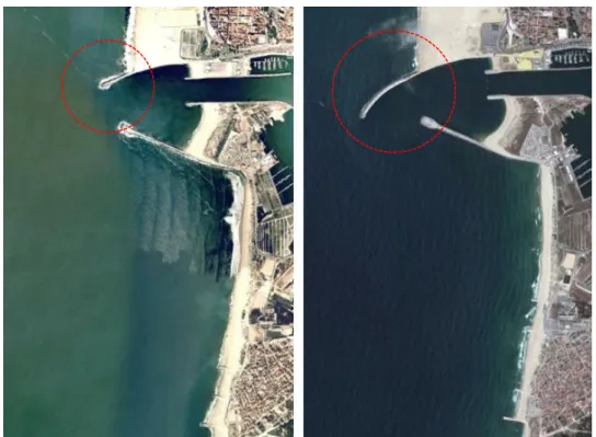 Figura 3.3- Prolongamento do molhe norte do Porto da Figueira da Foz. Fotografias de 2006 e 2015,  respetivamente à esquerda e direita (© Google Earth)