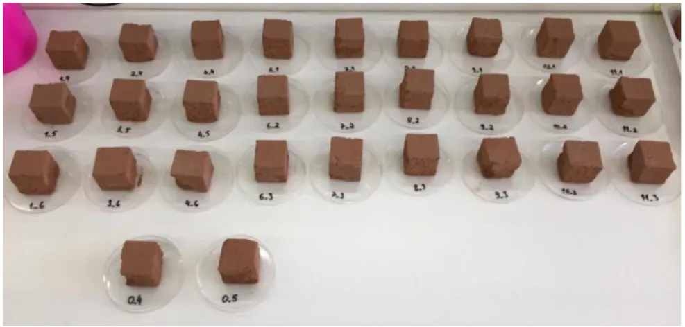 Figure 3.4 - Cubic earth mortar specimens used on the 2 nd  screening 