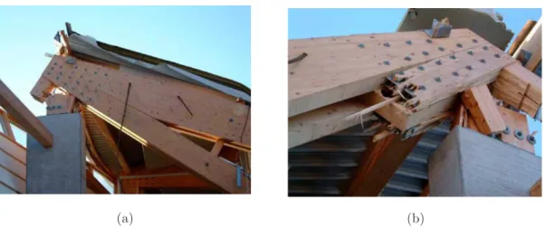 Figure 2.8: Siemens arena main truss connections (adapted from (Munch-Andersen and Dietsch, 2011)): (a) corner connection with concealed steel plates, connecting the timber parts through bolts and dowels; (b) failure at the critical cross section in the co
