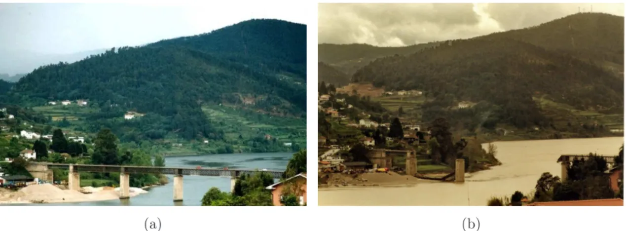 Figure 2.11: Hintze Ribeiro bridge over the Douro river, in the north of Portugal (adapted from Leit˜ ao (2011)): (a) before the collapse, 2000; (b) after the collapse, 2001.