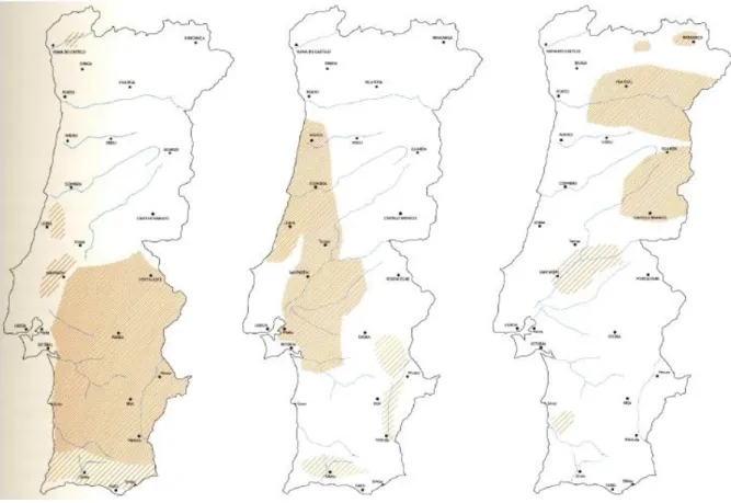Figura 1.1 - Distribuição geográfica das técnicas construtivas tradicionais de terra em Portugal: 