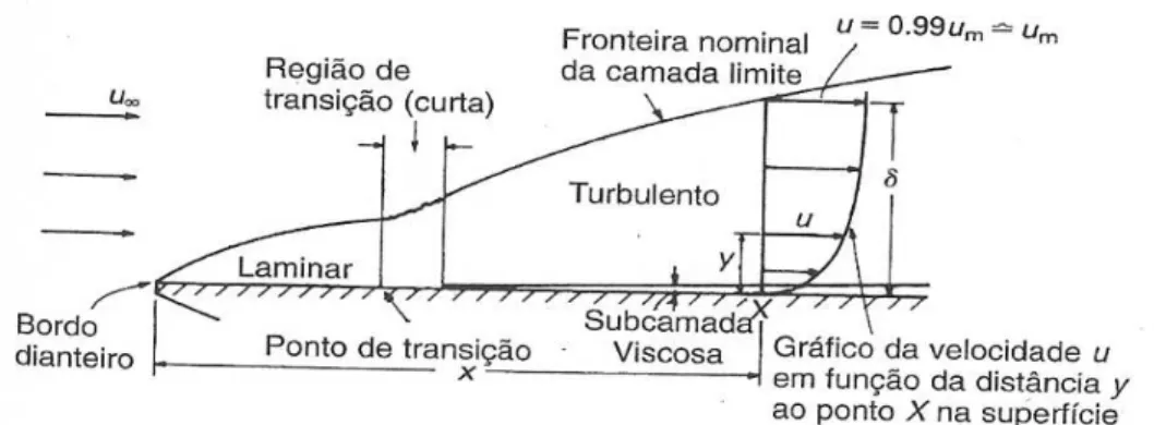 Figura 2.1 – Desenvolvimento da camada limite sobre uma superfície plana (M assey, 2002) 