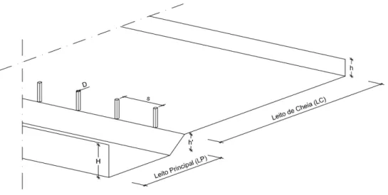 Figura 2.11 – Exemplo de uma secção composta com estruturas verticais na margem do leito principal 