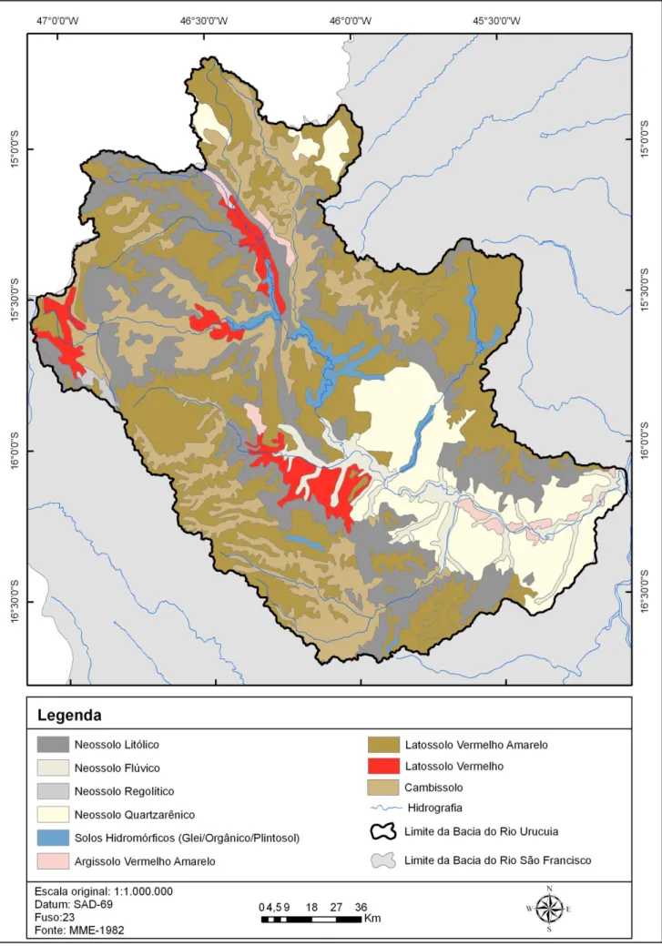 Figura 6: Mapa de Solos da Bacia do Rio Urucuia-MG, com a classificação de solos conforme  Embrapa, 2006