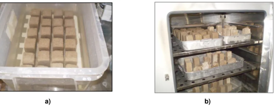 Figura 3.16 - Ensaio de resistência aos sulfatos: colocação dos provetes dentro do recipiente e colocação na  estufa