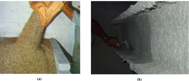 Figura 4.8 - Vermiculite em diferentes utilizações: (a) Vermiculite na forma de flocos [Fonte: MENDES (2004)]; (b)  Argamassa à base de vermeculite [Fonte: DIAS (2002)] 
