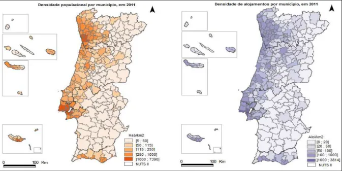 Figura 2.2 – Densidade populacional e densidade de alojamentos por município em 2011 [1] 