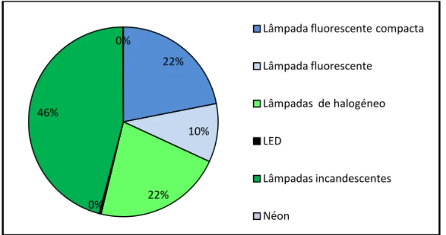 Figura 2.14 - Percentagem de presença dos vários tipos de lâmpadas nas EcoFamílias [29] 