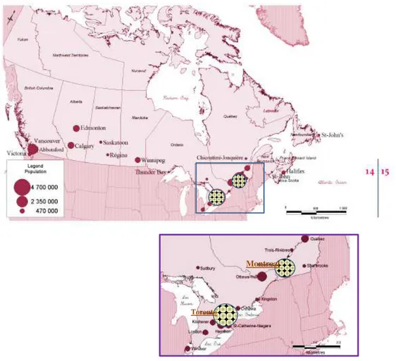 Figura 6 - Mapa das áreas metropolitanas censitárias do Canadá 2001 - com destaque para Toronto e  Montreal e seu entorno 