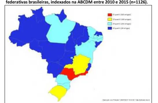 Figura 1: Distribuição dos artigos de autoria única das áreas de informação pelas unidades  federativas brasileiras, indexados na ABCDM entre 2010 e 2015 (n=1126)