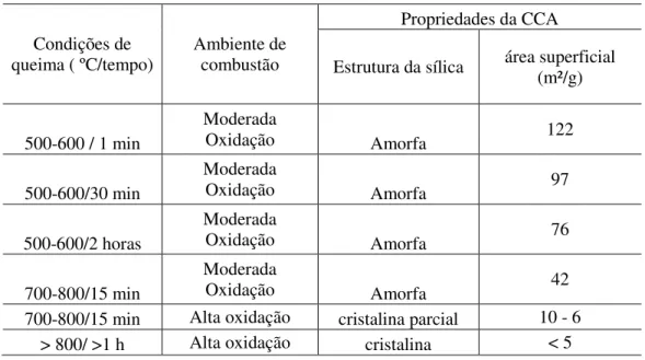Tabela 2.5 – Efeito das condições de queima nas propriedades da CCA(POUEY, 2006b)  Condições de 