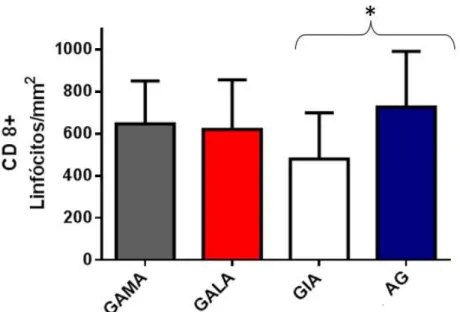 Gráfico  3  -  Comparação  da  densidade  de  linfócitos  T  CD8 +   entre  os  grupos  de  pacientes  com  gastrite  ativa  moderada/acentuada  de  antro  (GAMA),  gastrite  ativa  leve  de  antro  (GALA),  gastrite  inativa  de  antro  (GIA)  e  adenocar