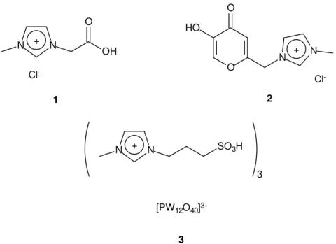 Figura 3. Exemplos de TSILs. As estruturas 1 e 2 foram usadas como ligantes para síntese de complexos  ionicamente  marcados  que  atuaram  como  catalisadores  em  reações  de  Suzuki  e  epoxidação  respectivamente (ref