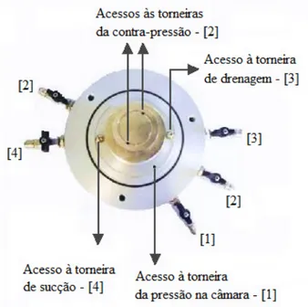 Figura 3.3 Pormenor dos circuitos das torneiras inseridas na base da câmara triaxial 