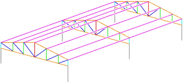 Figura 3.1: Três dos pórticos planos transversais da estrutura do pavilhão industrial