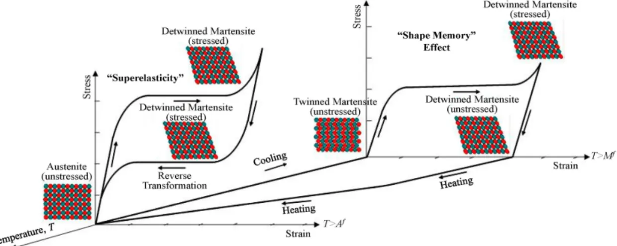 Figure 2.4: Properties of Shape-memory-alloys. Relations between Stress, Strain and Tem- Tem-perature